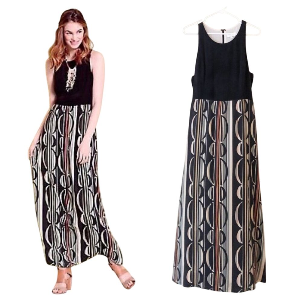 Harlyn Anthropologie Silk Maxi Dress Retro Abstract Sleeveless Boho Flowy 2P